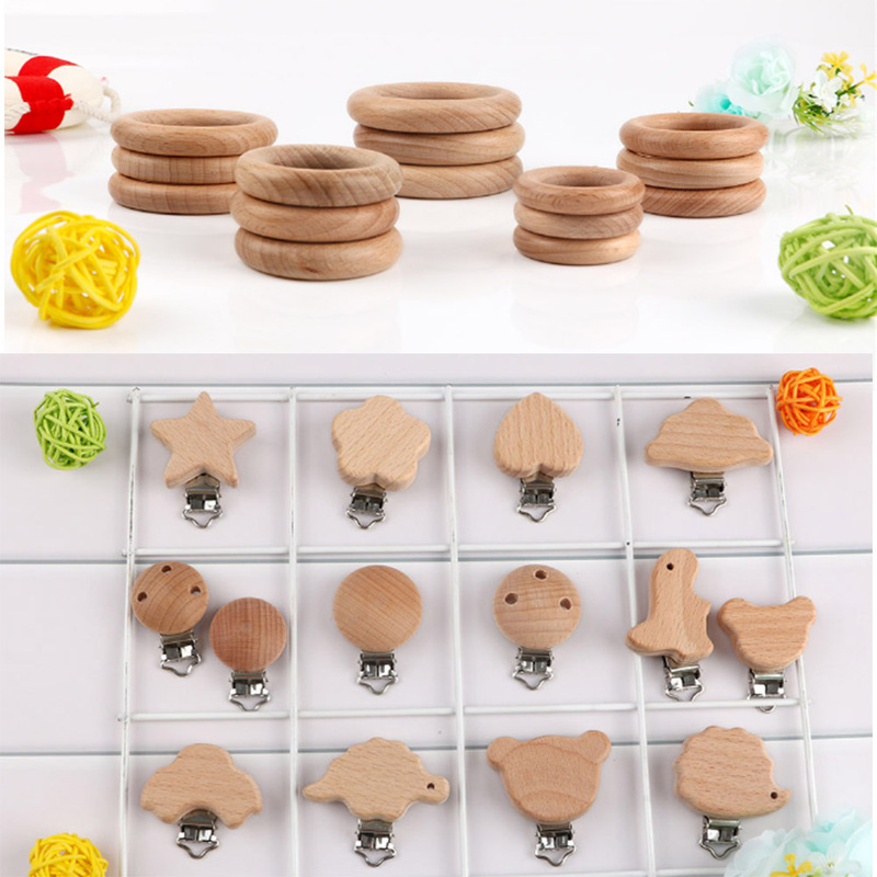 Kovict 5Pcs Beech Cartoon Clip Wooden Ring Baby Pacifier Cha