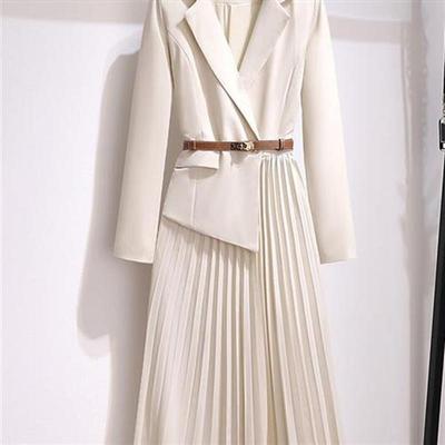 Vintage Pleated Belt Patchwork One Piece Blazer Dress Women