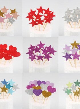 10pcs Mini Heart Star Cupcake Toppers Birthday Cake Topper