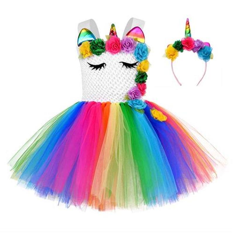 Design Rainbow Unicorn Dress Girls Tutu Outfit Kid Hallow