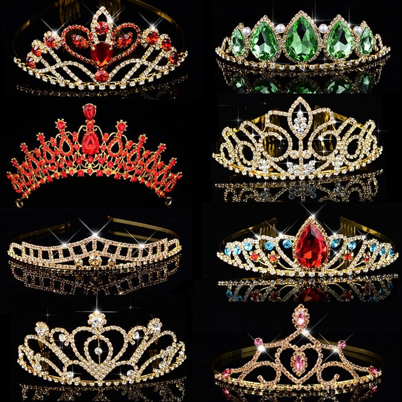 Big Queen Princess Crown Diadem Green Red Rhinestone Headdre