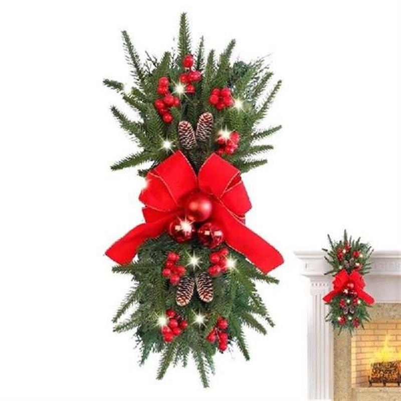 Christmas Garland With Lights Wreath With Pinecones Red