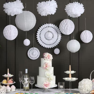 Elegant White Wedding Decoration Set 12pcs Paper Fans Lanter
