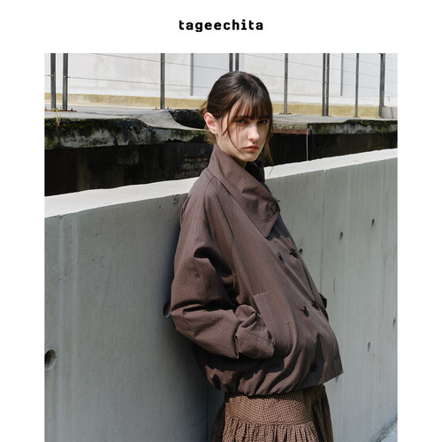 TAGEECHITA 极简复古格纹交叠领插肩袖短款通勤夹克外套上衣