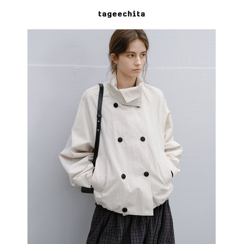 TAGEECHITA 简约高级感色织格纹交叠领廓形插肩袖夹克短款外套春