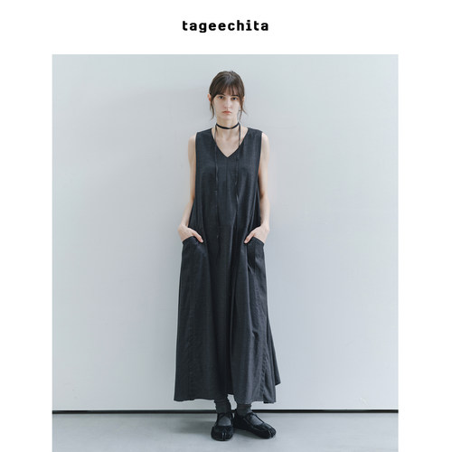 TAGEECHITA 莱赛尔面料 分割设计V领无袖背心吊带长款连衣裙女