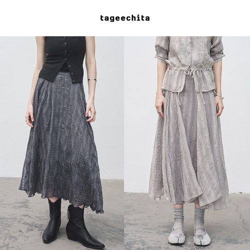 TAGEECHITA 皱序 不规则裙摆皱感格纹半身裙设计感休闲A字长裙