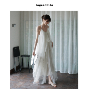 TAGEECHITA 浪漫朦胧层次感薄纱茧型无袖挂脖露背吊带连衣裙女夏