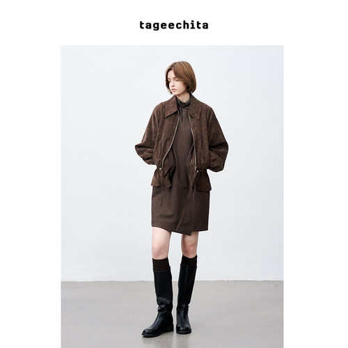 TAGEECHITA25冬 环保植绒麂皮做旧立领低腰抽绳设计廓形短款夹克