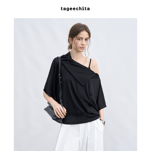 TAGEECHITA 随性松弛不对称荡领垂感蝙蝠袖斗篷式小衫斜肩上衣