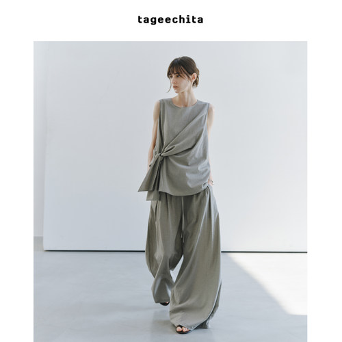 TAGEECHITA 智性松弛感格纹泡泡纱肌理扭结设计无袖小衫上衣女