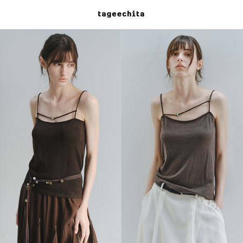 TAGEECHITA  羊毛桑蚕丝混纺肌理感串珠细吊带修身短款内搭背心