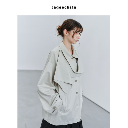 TAGEECHITA 松弛随性 可拆卸围巾宽松落肩翻领系带短款风衣外套女