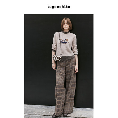 TAGEECHITA 绵羊毛色织复古格纹磨毛阔腿裤宽松直筒休闲长裤秋冬