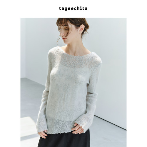 TAGEECHITA 暗提花羊绒桑蚕丝文艺一字领绵羊毛针织衫内搭上衣