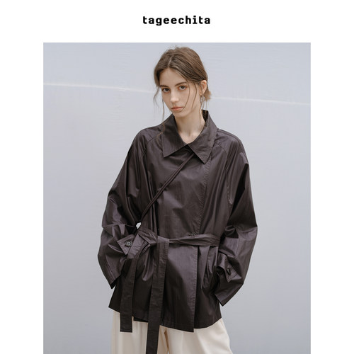 TAGEECHITA 全棉涂层质感廓形插肩袖收腰系带短款休闲风衣外套女