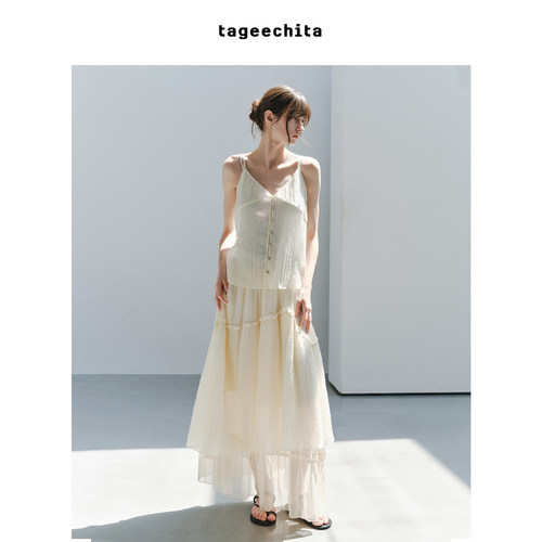 TAGEECHITA 竖纹肌理轻薄透感开襟小衫吊带背心女夏
