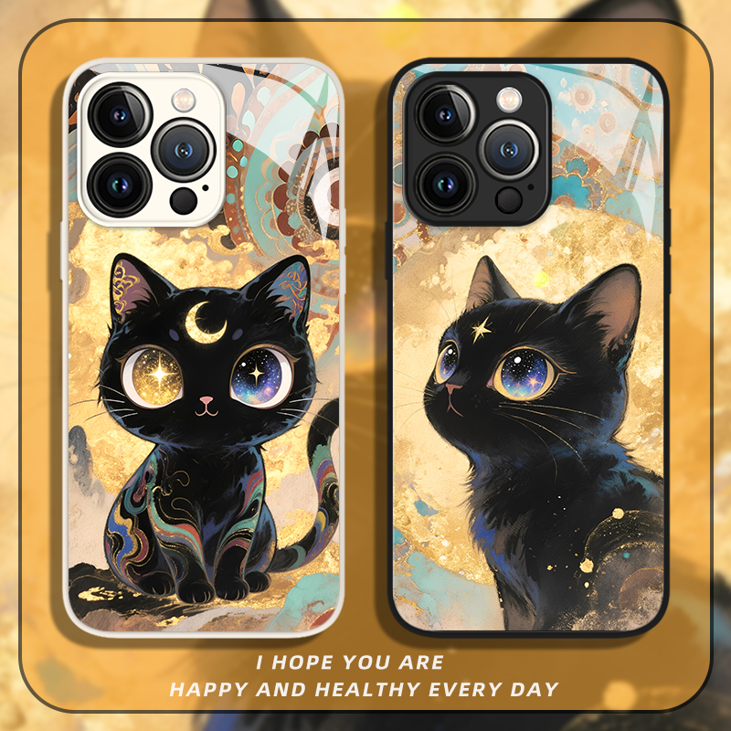 招财黑猫新款玻璃手机壳适用