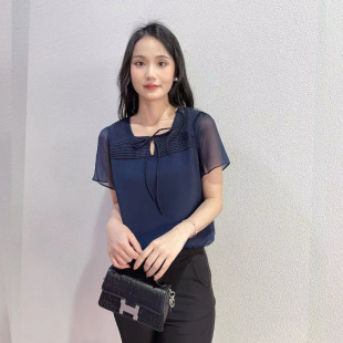 系带方领雪纺衫 玖特清商场同款 小衫 纯色优雅简约短袖 女 2025夏新款
