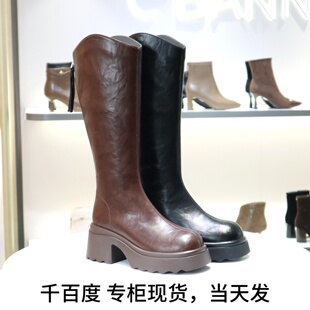 千百度2025手抓皮骑士靴防水台后拉链长靴子女靴A25500227B01B02