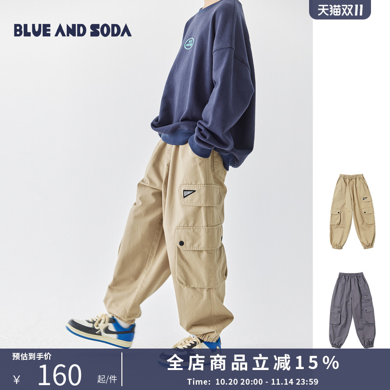 蓝汽水25秋季斜纹重工水洗工装裤男童口袋设计中大童亲子束脚裤