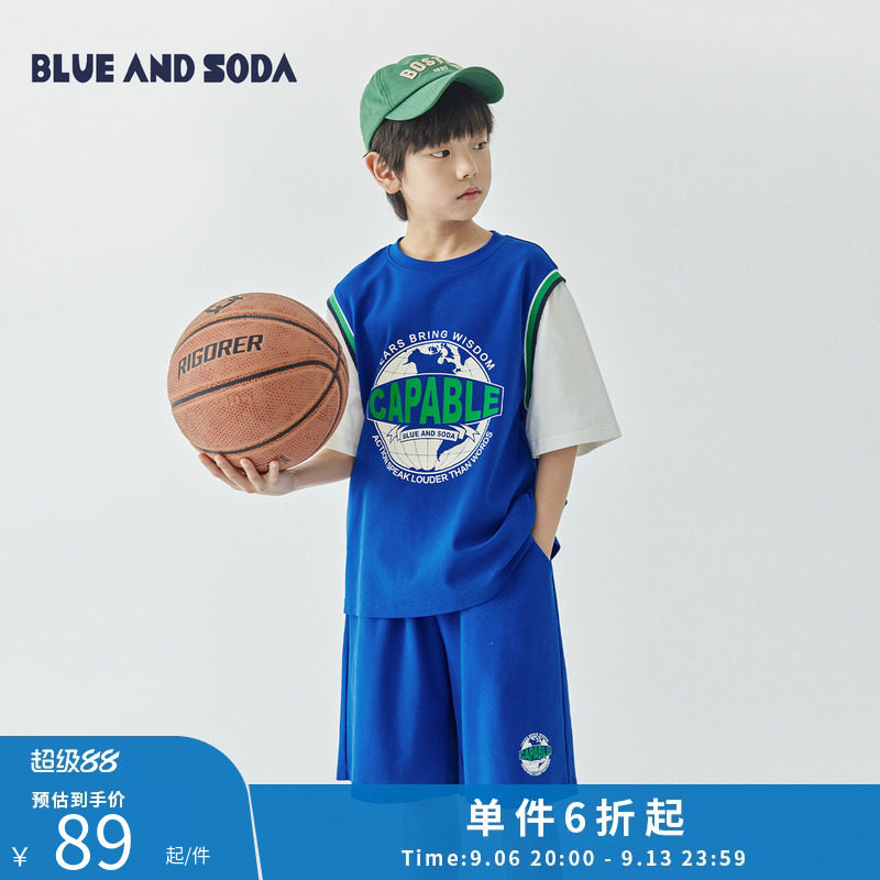 蓝汽水夏季中大男童拼色假两件运动凉感短袖五分裤青少年训练套装