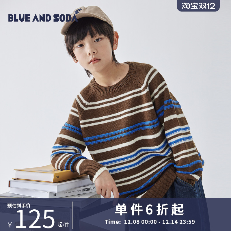蓝汽水条纹套头毛衣撞色针织衫