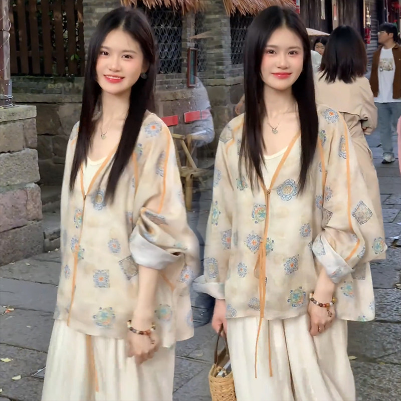 宽松文艺防晒罩衫女夏薄款新中式衬衫阔腿裤裙裤两件套装国风搭配