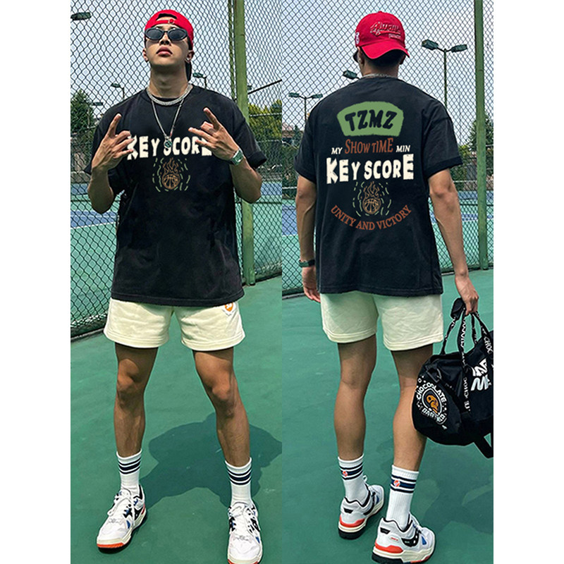 重磅纯棉短袖t恤男欧美嘻哈美式男款复古港风ins潮牌圆领宽松上衣