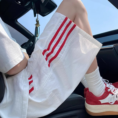 三条杠撞色运动短裤男阔腿五分裤