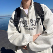 欧美式 翻领半拉链卫衣男秋冬加绒oversize设计感无帽长袖 高街外套