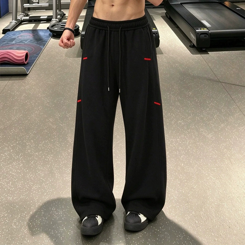 潮牌美式刺绣抽松紧垂感运动卫裤秋冬季男款宽松百搭阔腿休闲长裤