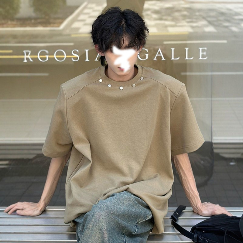 高级感垫肩重磅t恤潮牌夏季金属装饰设计感短袖男款高街痞帅半袖