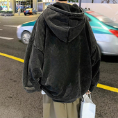 街头风高质量水洗连帽卫衣男秋冬款 复古纯色百搭加绒外套oversize