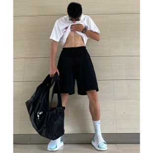 黑色直筒运动短裤 外穿美式 男vintage夏季 潮流宽松纯色阔腿五分裤