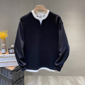 假两件拼接长袖 套头卫衣男春季 日系简约青年纯色休闲v领打底上衣