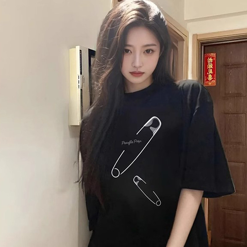 美式高街别针印花短袖t恤男女夏图片
