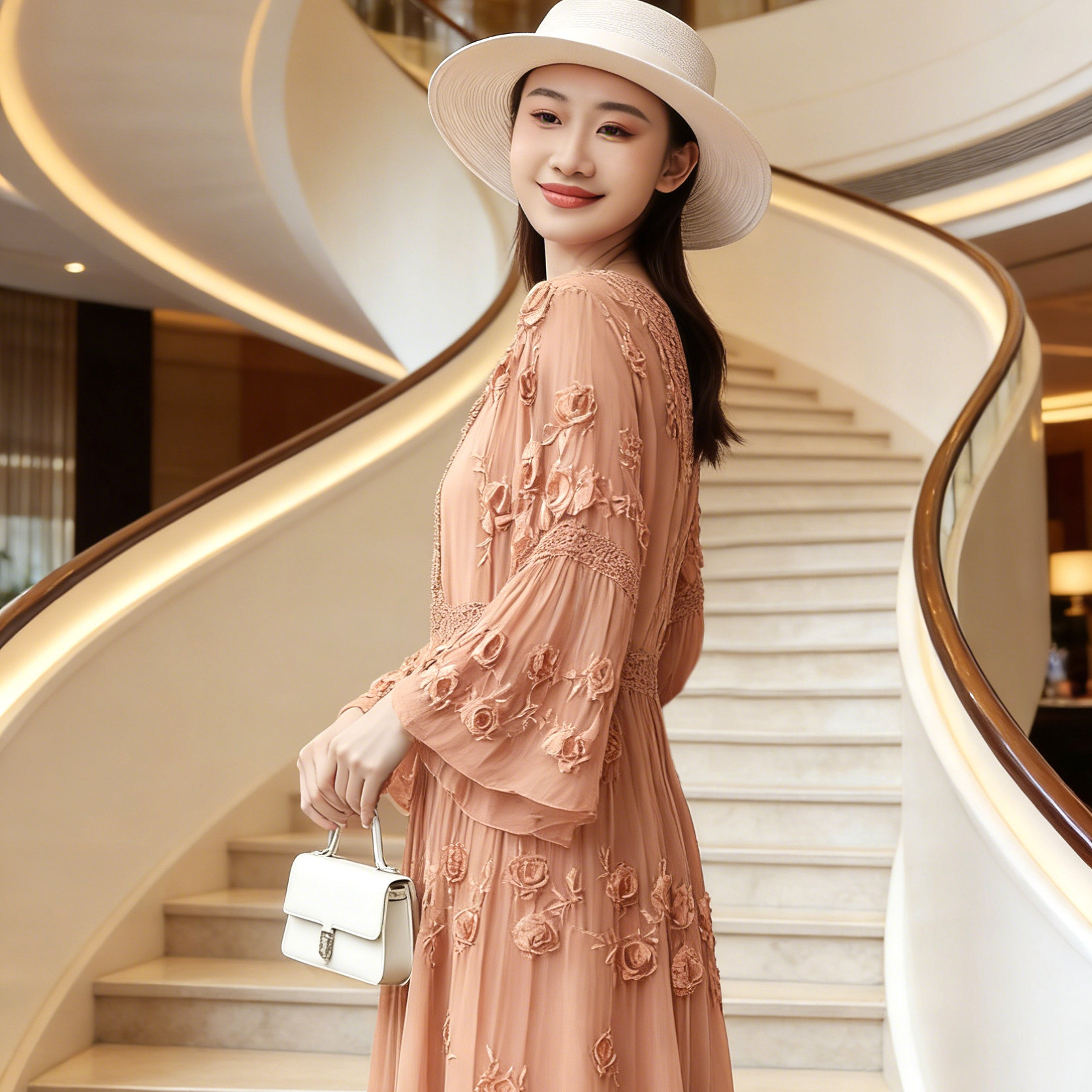 虫音桑蚕丝连衣裙女V领喇叭袖高级轻奢重工刺绣宽松显瘦真丝长裙