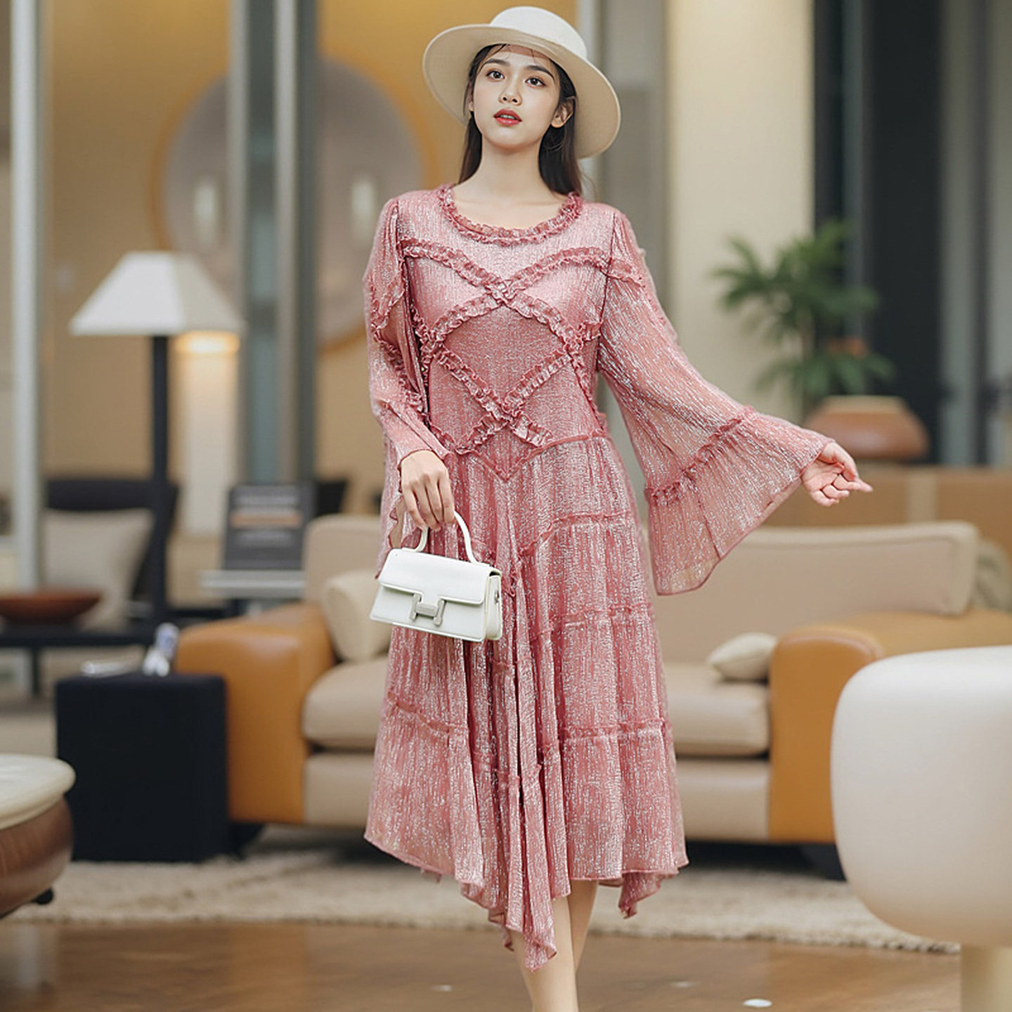 虫音真丝桑蚕丝连衣裙女高定轻奢设计师气质名媛长袖优雅礼服裙子