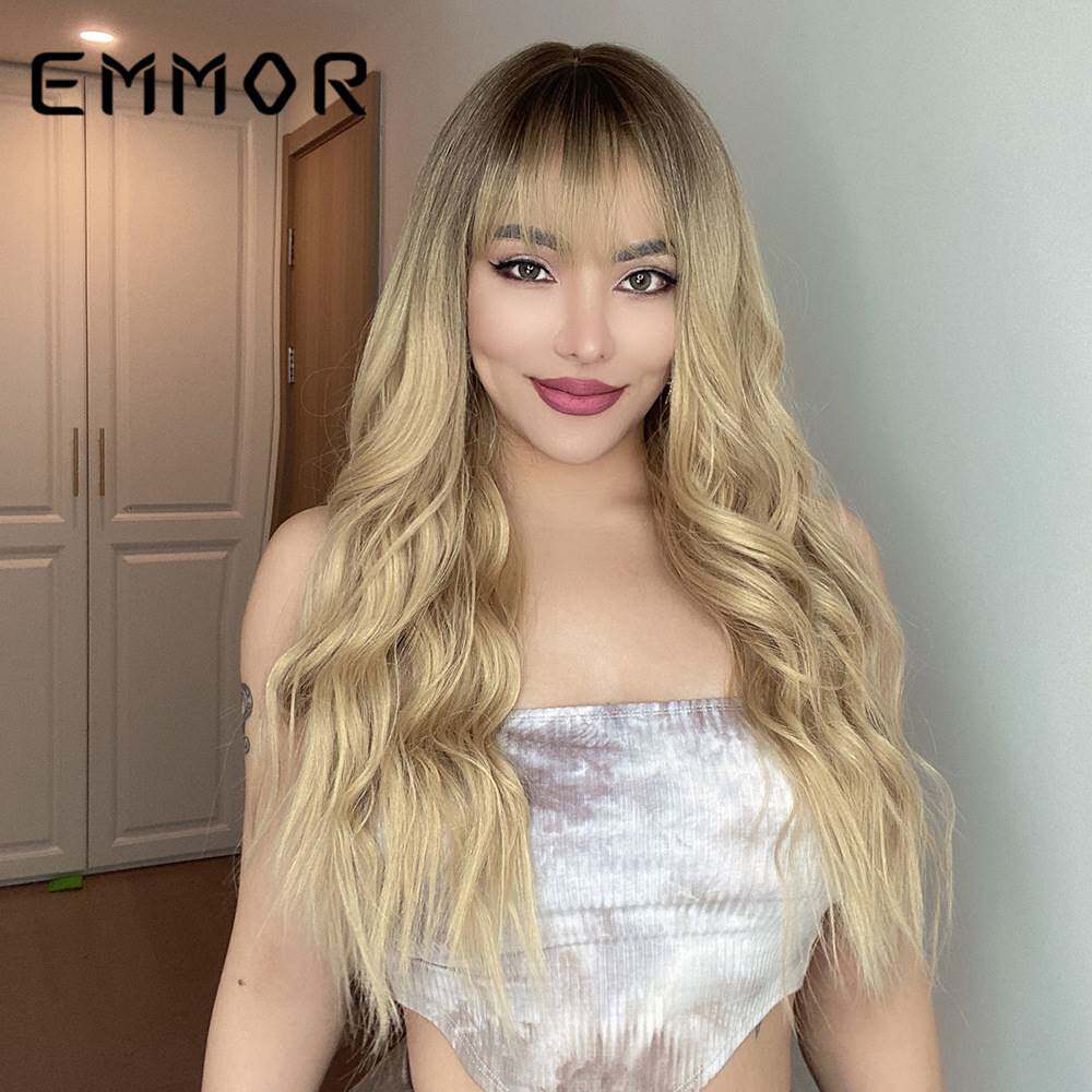 欧美跨境假发EMMOR 齐刘海渐变长卷发wigs哑光化纤发假发全头hair