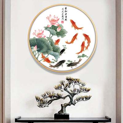 新中式九鱼图玄关装饰画走廊客厅圆形挂画荷花鲤鱼餐厅背景墙壁画