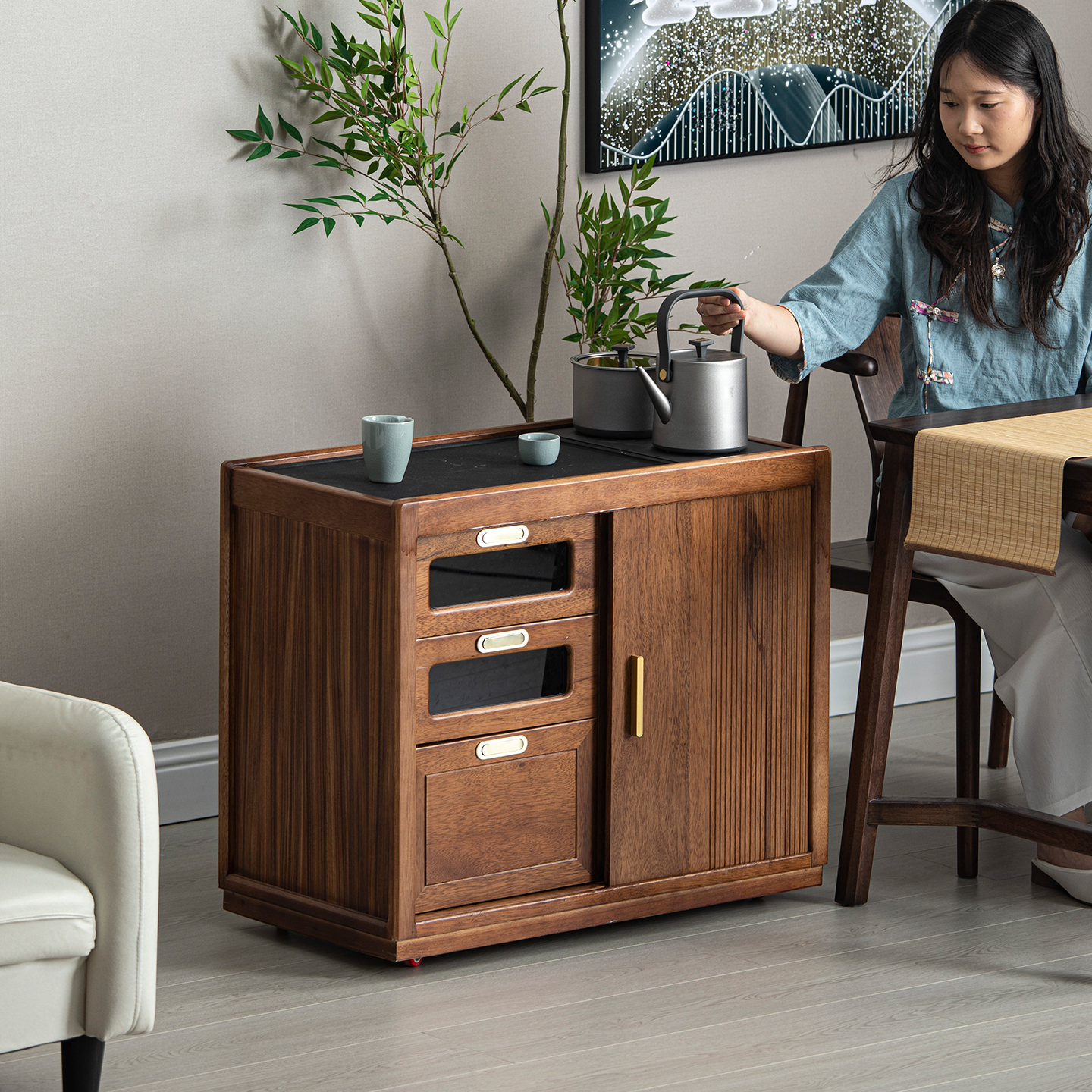 胡桃木茶水柜家用小型可移动茶台