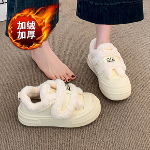 冬季 2025新款 加绒保暖毛毛鞋 厚底小白鞋 魔术贴棉鞋 34码 雪地靴女款
