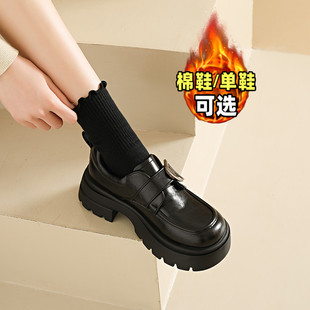 加绒厚底乐福鞋女2025新款冬季不累脚通勤增高jk单鞋英伦风小皮鞋