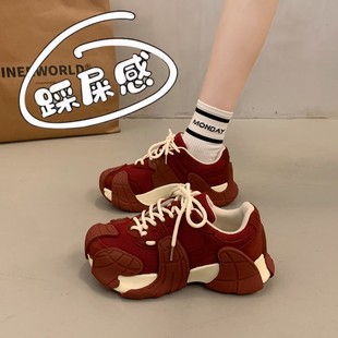 女2025秋季 厚底阿甘鞋 新款 34码 红色休闲运动鞋 欧洲站八爪鱼老爹鞋