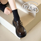 学院风厚底乐福鞋 真皮英伦风小皮鞋 女2025春秋新款 一脚蹬棕色加绒