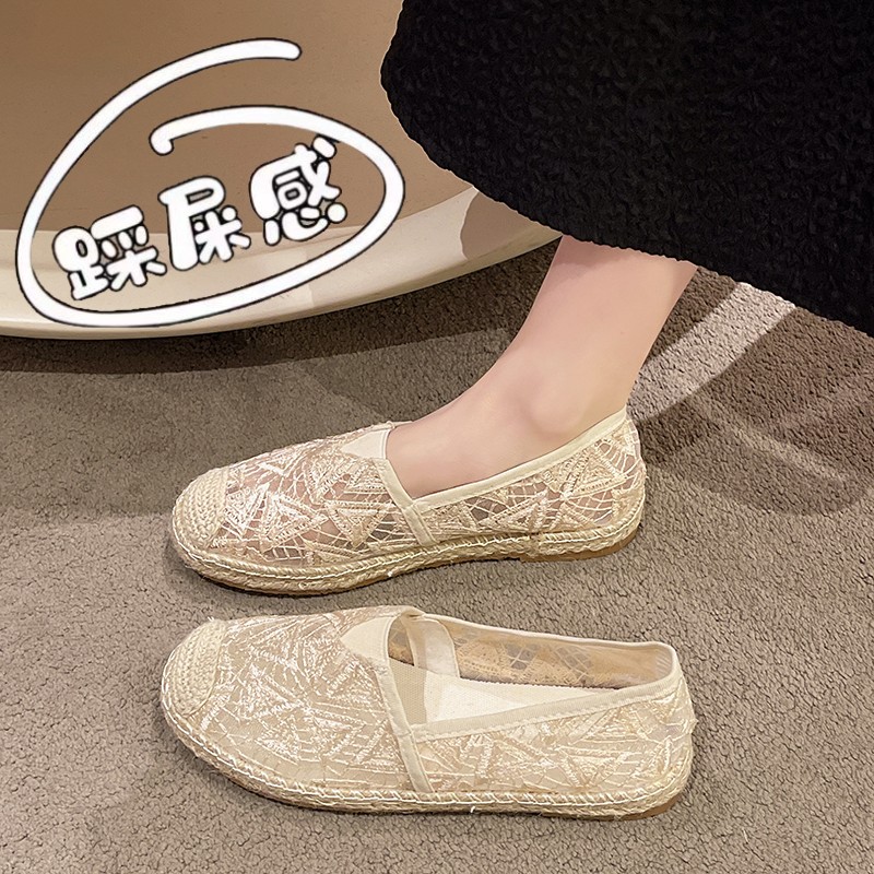 渔夫鞋女2025夏季新款一脚蹬懒人鞋透气蕾丝网布鞋配裙子平底单鞋