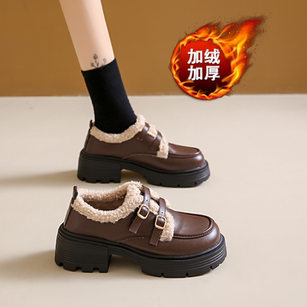 厚底小皮鞋女秋冬季加绒乐福鞋2024新款一脚蹬保暖玛丽珍棉鞋34码