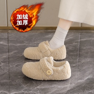 冬季 2025新款 加绒保暖豆豆鞋 内增高魔术贴棉鞋 羊羔毛毛鞋 34码 女款