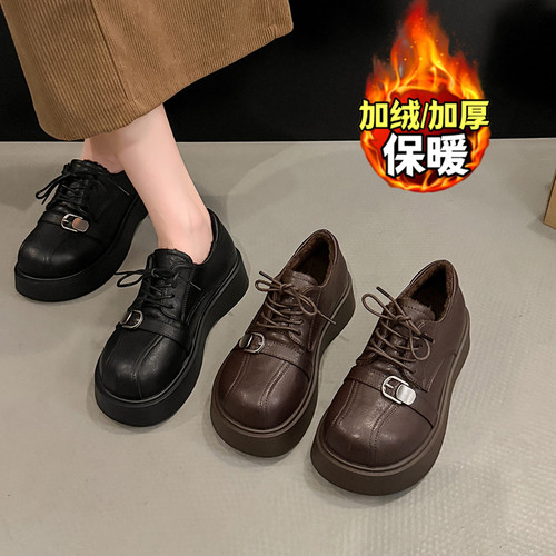 秋冬季厚底增高乐福鞋女2026新款加绒二鞋复古英伦风小皮1005z